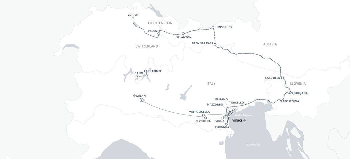 Cruise & Rail: Milan, Venice & the Swiss Alps Map