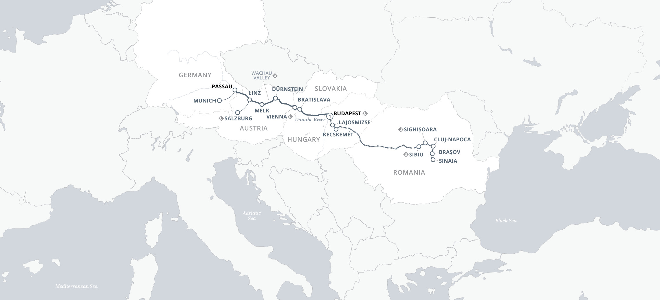 Cruise & Rail: Enchanting Danube & the Castles of Transylvania Map