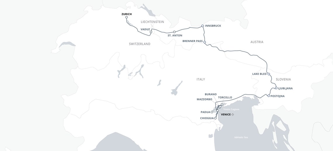 Cruise & Rail: Venice & the Swiss Alps Map