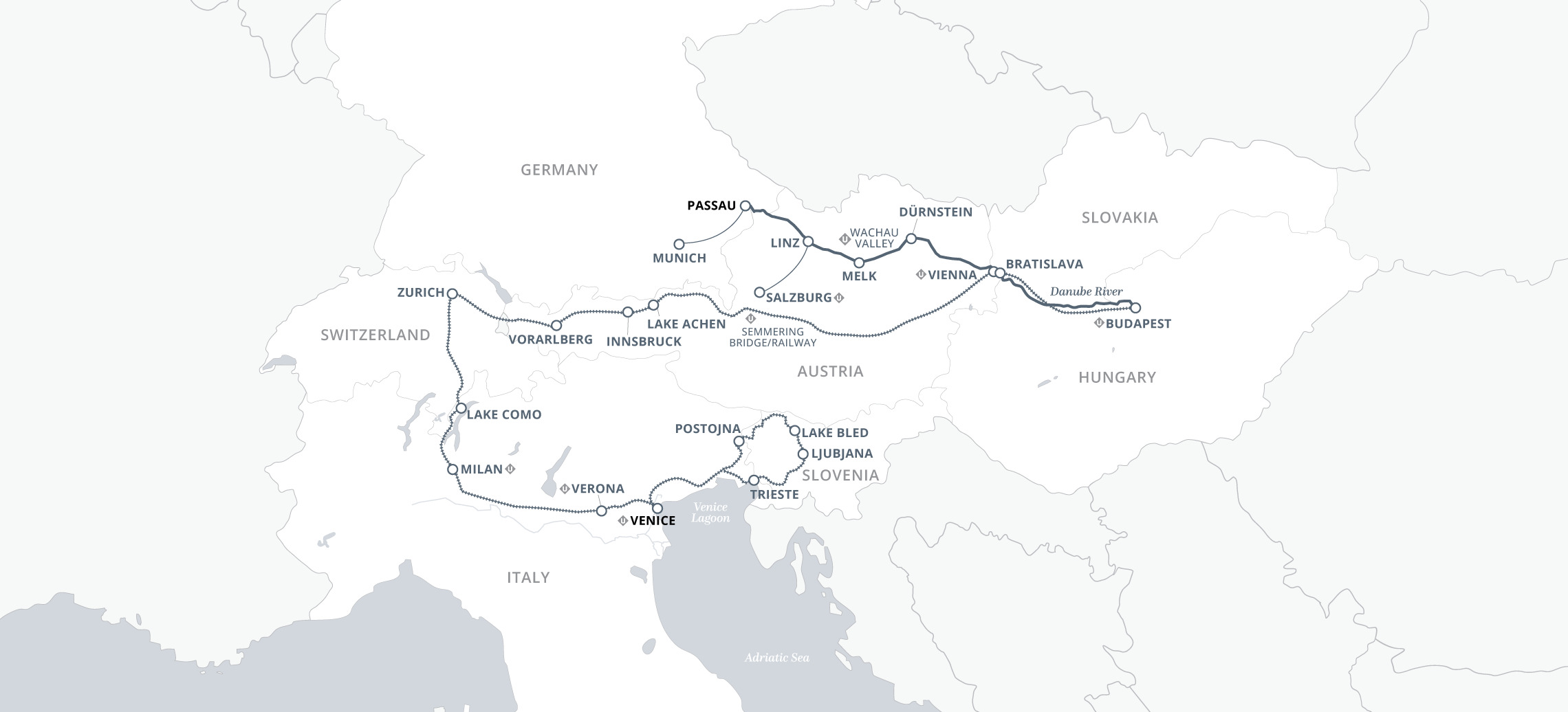 Cruise & Rail: Grand Alpine & the Enchanting Danube Map