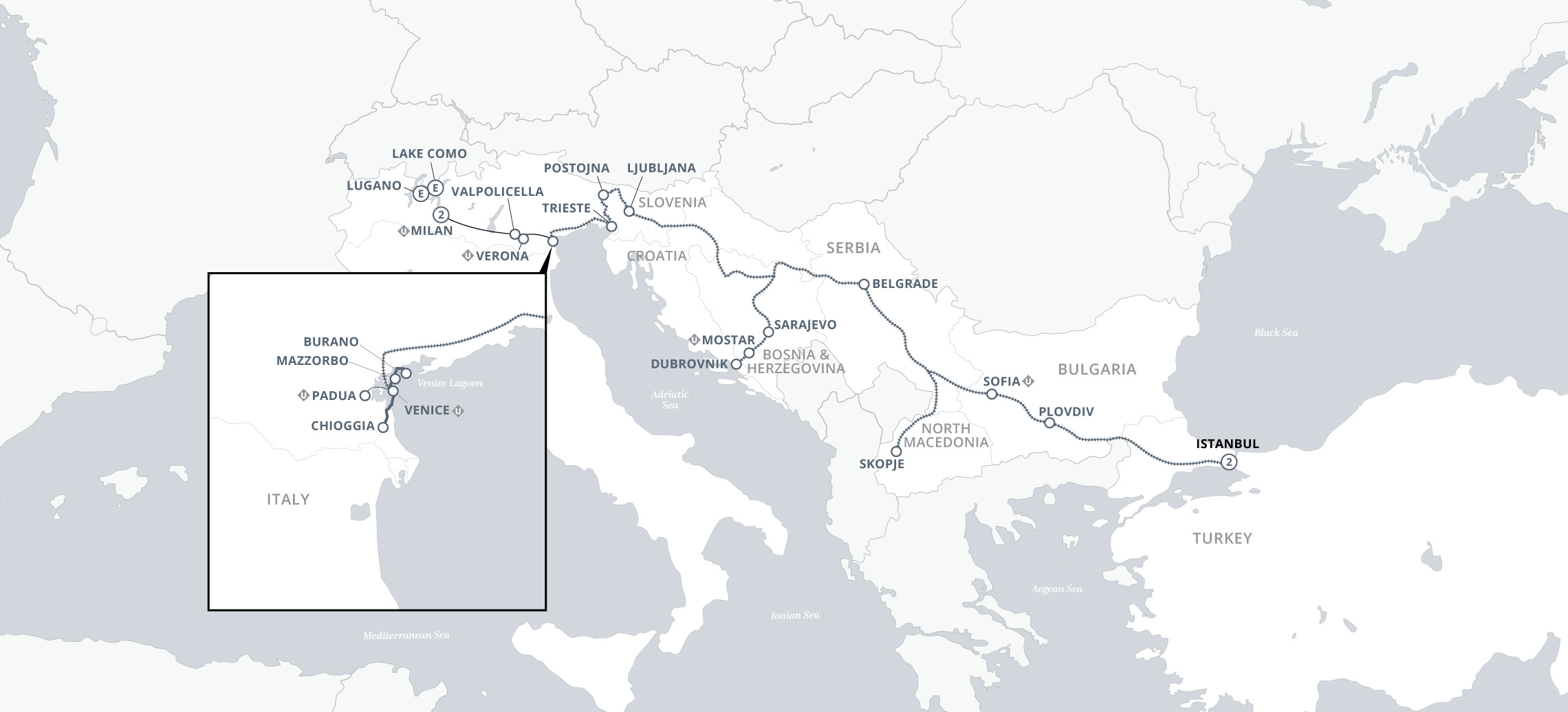 Cruise & Rail: Milan, Venice, Istanbul & the Balkans Map