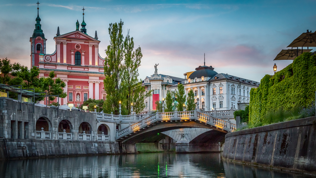 Tromostovje bridge and Ljubljanica river in the city center. Ljubljana, capital of Slovenia.