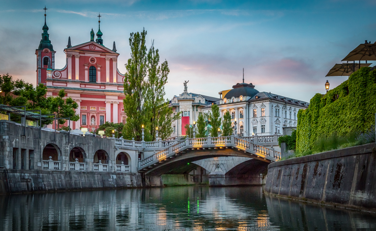 Tromostovje bridge and Ljubljanica river in the city center. Ljubljana, capital of Slovenia.