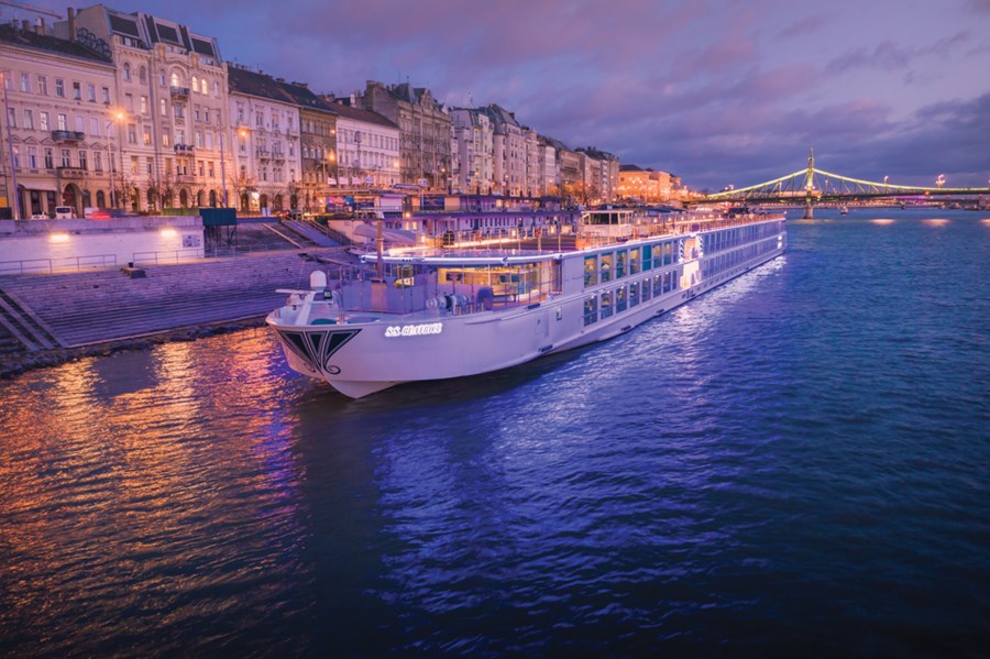 A Uniworld ship in Budapest at night