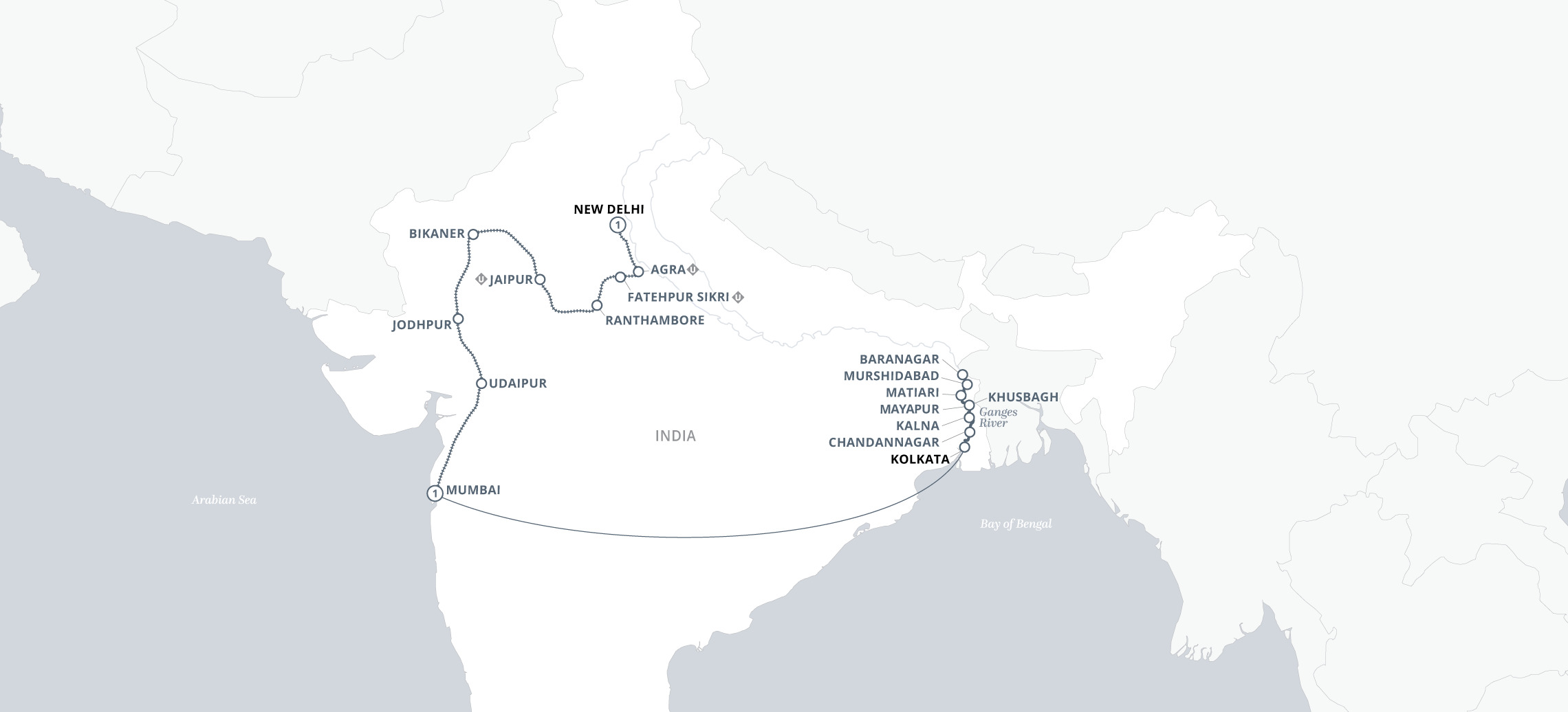 Cruise & Rail: The Sacred Ganges & the Maharajas' Express Map
